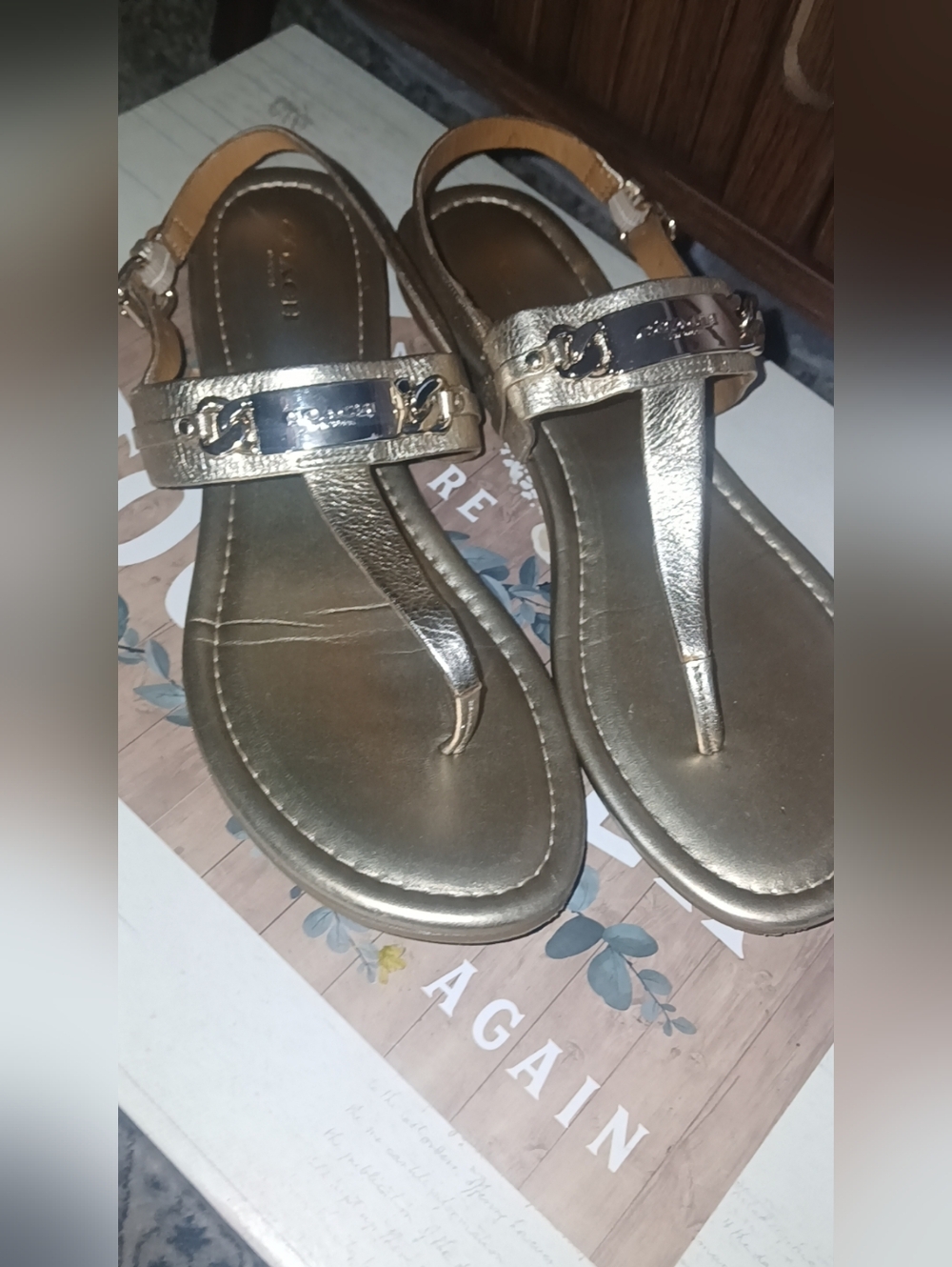 Coach Metallic Gold T-Strap Sandals Size 8
